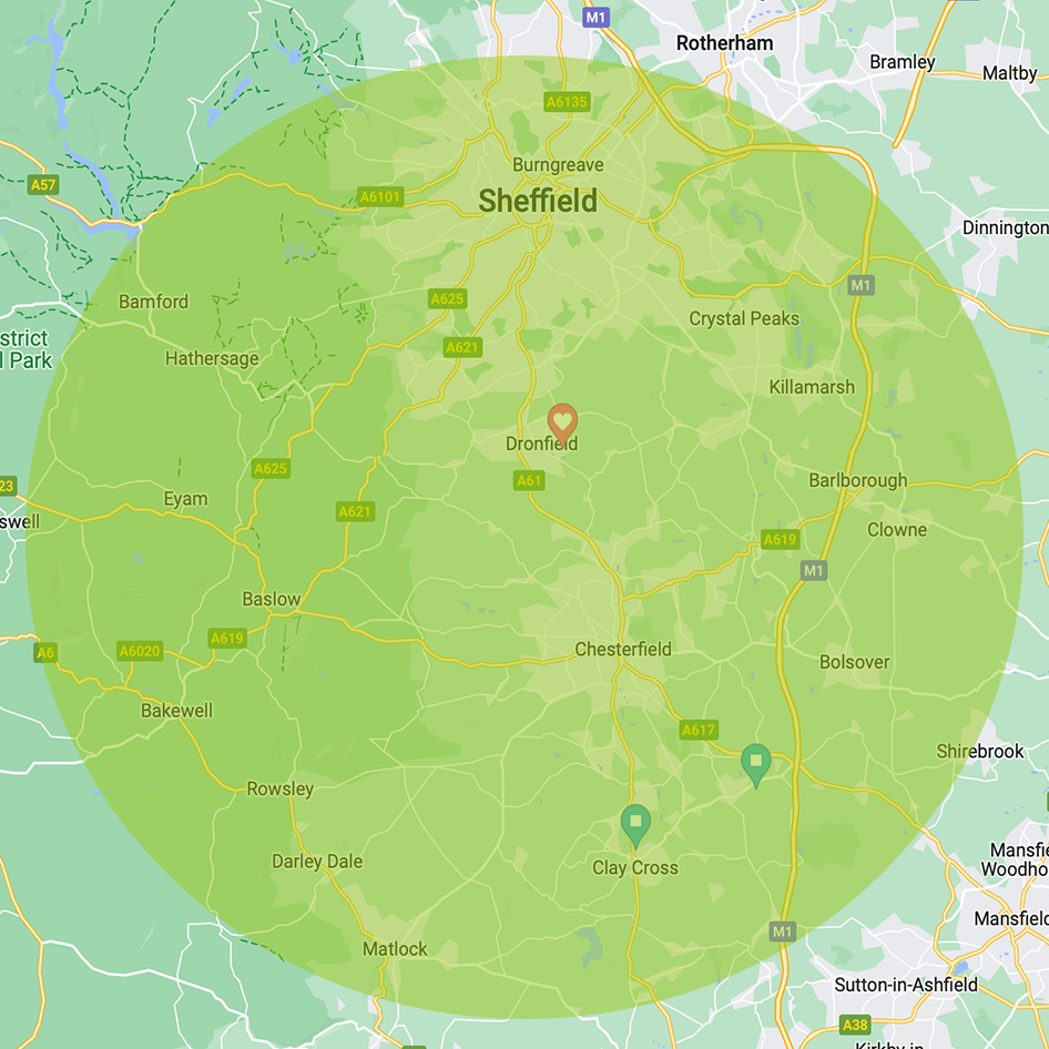 map of Sheffield, Dronfield, Matlock, Chesterfield